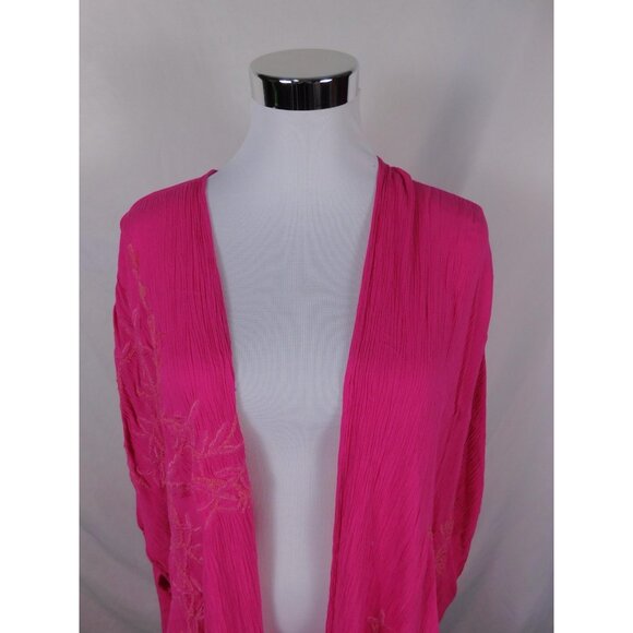 Kimono Cardigan Womens One Size Fuchsia Pink Embroidered Fringe Boho Duster - Picture 3 of 12